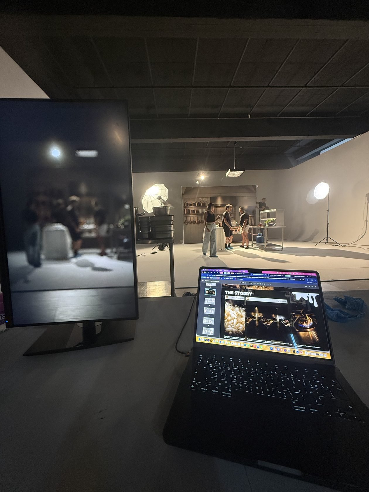 Donut Media video village on set, monitor and treatment by the kitchen set